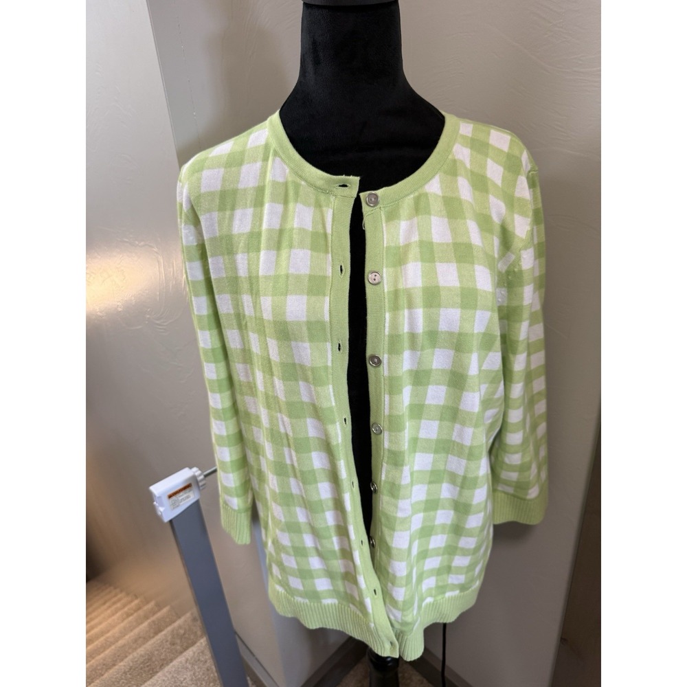 Christopher & Banks Lime Green Gingham Button Cardigan Sweater Women's L Spring